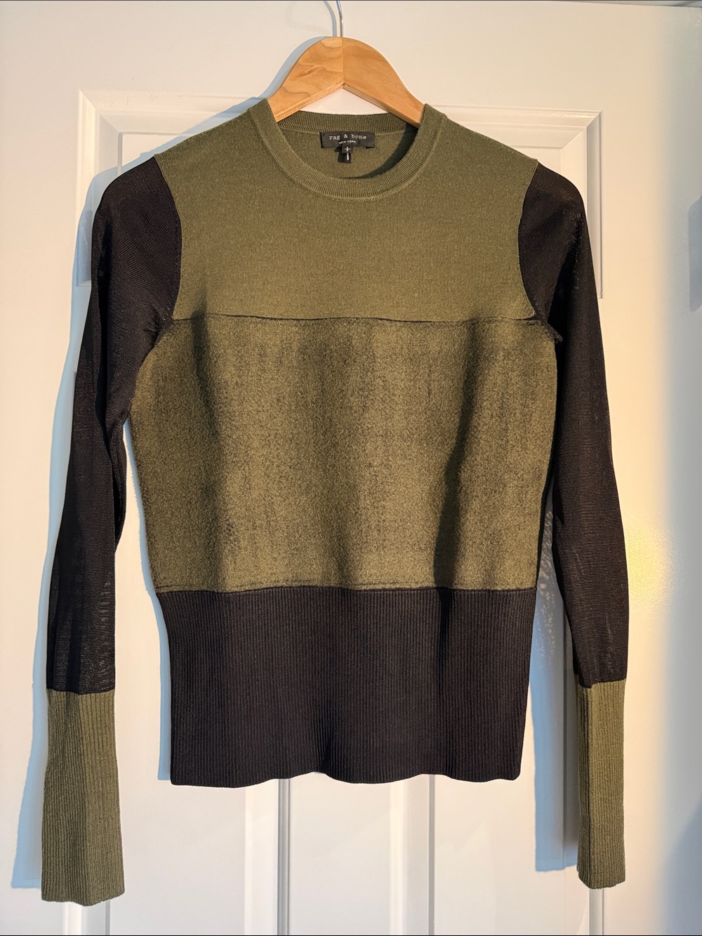 rag & bone Olive and Black Blocked Crewneck Sweater. Size small.